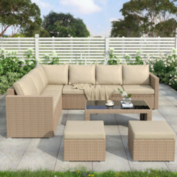 Btm Outdoor Rattan Corner Sofa Set With Coffee Table And Two Stools Khaki Garden Furniture - thumbnail 2