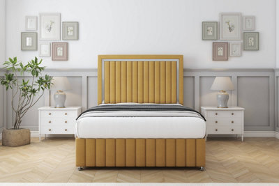 "Comfort Boston Chrome Mustard Plush Divan Bed Set 2 Drawers Right Side - 54"" Floor Standing & 12"" Footboard 6' Super King" - image 1