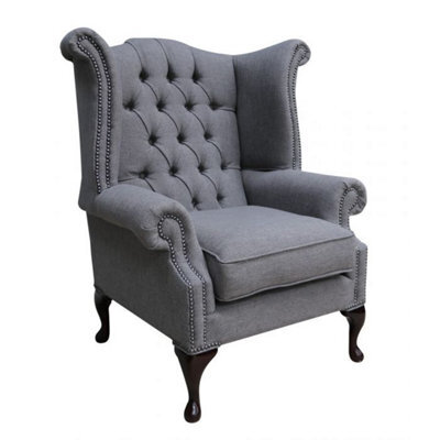 Chesterfield High Back Wing Chair Bacio Pewter Grey Fabric In Queen Anne Style - image 1