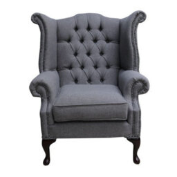 Chesterfield High Back Wing Chair Bacio Pewter Grey Fabric In Queen Anne Style - thumbnail 2