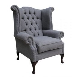 Chesterfield High Back Wing Chair Bacio Pewter Grey Fabric In Queen Anne Style - thumbnail 1