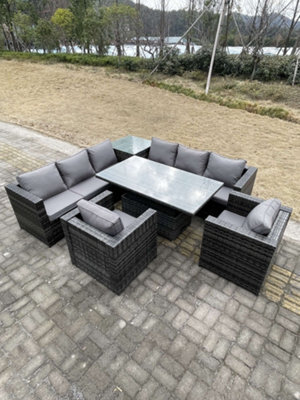 Fimous 8 Seater Pe Rattan Corner Sofa Set Rising Adjustable Dining Table Set High Side Coffee Table With  2 Arm Chairs - image 1