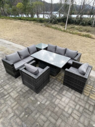 Fimous 8 Seater Pe Rattan Corner Sofa Set Rising Adjustable Dining Table Set High Side Coffee Table With  2 Arm Chairs - thumbnail 1