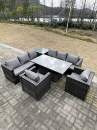 Fimous 8 Seater Pe Rattan Corner Sofa Set Rising Adjustable Dining Table Set High Side Coffee Table With  2 Arm Chairs - thumbnail 3