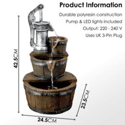 Geezy Pump Barrel Water Feature Outdoor Indoor Led Fountain Waterfall Garden Decor - thumbnail 6
