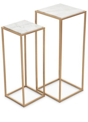 Orsina Nest Of 2 Natural Marble Top Side Tables, Square End Tables For Home, Gold Finish Open Frame Bedside Tables - image 1