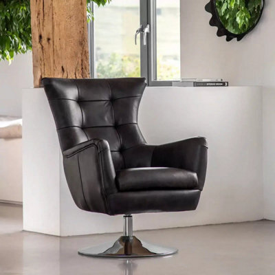 Xample Gallery Bristol Grey Nubuck Leather Swivel Chair, Antique Ebony Finish, Chrome Base, Foam Cushion, Luxury Accent Lounge Chair - image 1
