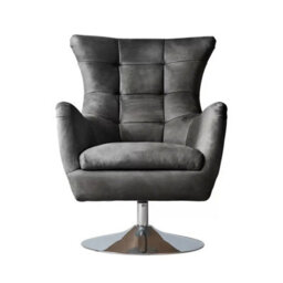Xample Gallery Bristol Grey Nubuck Leather Swivel Chair, Antique Ebony Finish, Chrome Base, Foam Cushion, Luxury Accent Lounge Chair - thumbnail 6