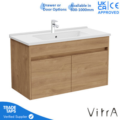 Vitra 1000mm Wall Hung Bathroom Vanity Unit With 2 Doors & Basin - Golden Oak Includes Chrome Tap - image 1