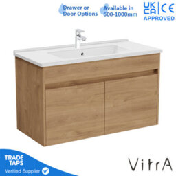 Vitra 1000mm Wall Hung Bathroom Vanity Unit With 2 Doors & Basin - Golden Oak Includes Chrome Tap