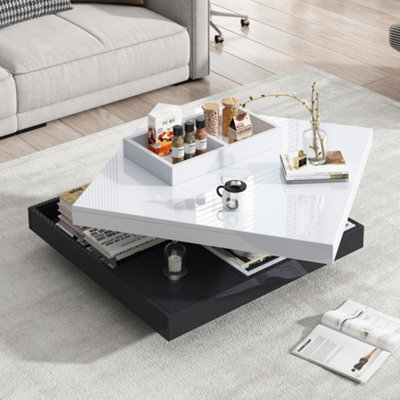 Abrihome White & Black 360 Degree Rotating Coffee Table With Marble-Pattern High-Gloss Top & Storage Compartments - image 1