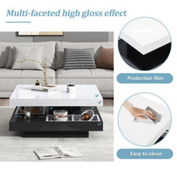 Abrihome White & Black 360 Degree Rotating Coffee Table With Marble-Pattern High-Gloss Top & Storage Compartments - thumbnail 3