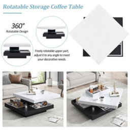 Abrihome White & Black 360 Degree Rotating Coffee Table With Marble-Pattern High-Gloss Top & Storage Compartments - thumbnail 2