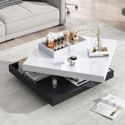 Abrihome White & Black 360 Degree Rotating Coffee Table With Marble-Pattern High-Gloss Top & Storage Compartments