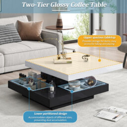 Abrihome White & Black 360 Degree Rotating Coffee Table With Marble-Pattern High-Gloss Top & Storage Compartments - thumbnail 4