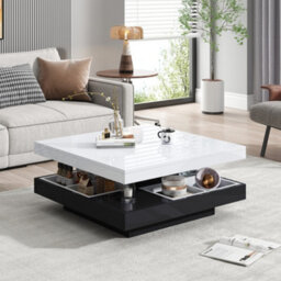 Abrihome White & Black 360 Degree Rotating Coffee Table With Marble-Pattern High-Gloss Top & Storage Compartments - thumbnail 9