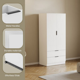 Lassic Vida Designs Trega White 2 Door 2 Drawer Wardrobe Hanging Rail, Shelves & Smooth Glide Drawers, (H)1700mm X (W)760mm X (D)530mm - thumbnail 5