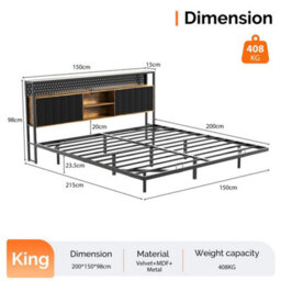 King&brown Floating Double&king Bed Frame With Upholstered Storage Headboard Led Lights&usb - thumbnail 2