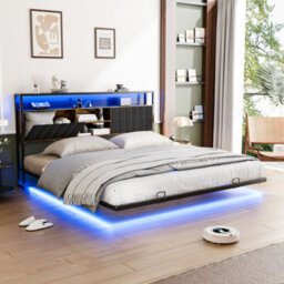 King&brown Floating Double&king Bed Frame With Upholstered Storage Headboard Led Lights&usb - thumbnail 1