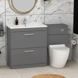 Royal Bathrooms Turin 1300mm Indigo Grey Gloss 2 Drawer Furniture Pack With Minimalist Basin & Slim Elva Back To Wall Toilet
