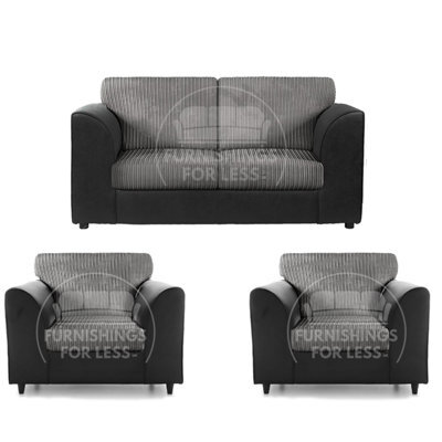 Furnishings For Less UK Luxor Jumbo Cord 2 + 1 + 1 Fabric 3 Piece Sofa Suite - Fullback Black And Grey - image 1