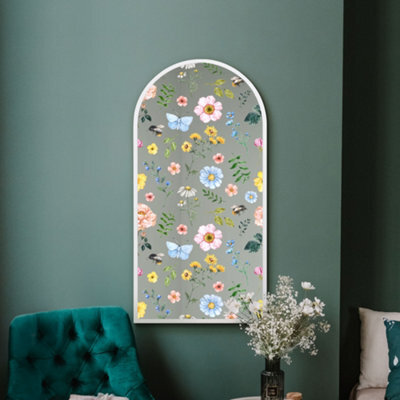 Mirroroutlet The Typis White Metal Edged Arch Wall Mirror With Colour Flower Decals 120Cm X 60Cm - image 1