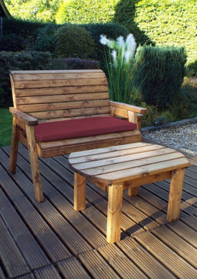 Charles Taylor Deluxe Wooden Garden 2 Seater Bench Coffee Table & Red Cushion - image 1
