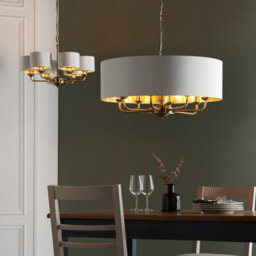 Anson Lighting Haywood Antique Brass With Vintage White Faux Silk Shades Classic Modern 8 Light Ceiling Pendant - thumbnail 3