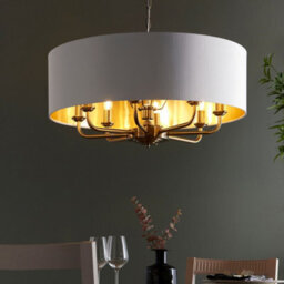 Anson Lighting Haywood Antique Brass With Vintage White Faux Silk Shades Classic Modern 8 Light Ceiling Pendant - thumbnail 2