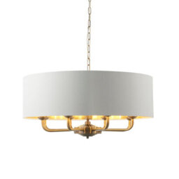 Luminosa Lighting Luminosa Highclere 8 Lamp Single Shade Pendant Ceiling Lamp, Antique Brass Plate, Vintage White Fabric