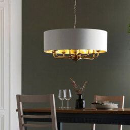 Anson Lighting Haywood Antique Brass With Vintage White Faux Silk Shades Classic Modern 8 Light Ceiling Pendant - thumbnail 5