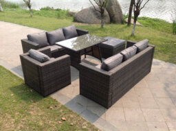 Fimous 8 Seater Lounge Rattan Sofa Dining Set Table Chair Footstool Garden Furniture Outdoor