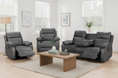 Grey Faux Leather 3 + 1 + 1 Seater Manual Recliner Sofa And Armchair Set For Living Room Vegas - image 1