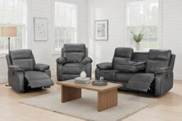 Grey Faux Leather  3 + 1 + 1 Seater Manual Recliner Sofa And Armchair Set For Living Room Vegas