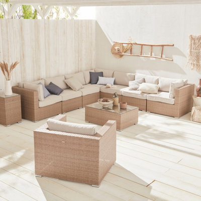 Sweeek. Ready Assembled 10-Seater Polyrattan Corner Garden Sofa Set - Sofa Armchair Coffee Table - Venezia - Beige - image 1