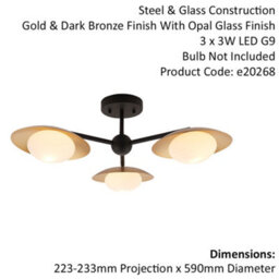 Gold & Bronze Semi Flush 3 Bulb Ceiling Light - Pebble Shaped Opal Glass Shades - thumbnail 2