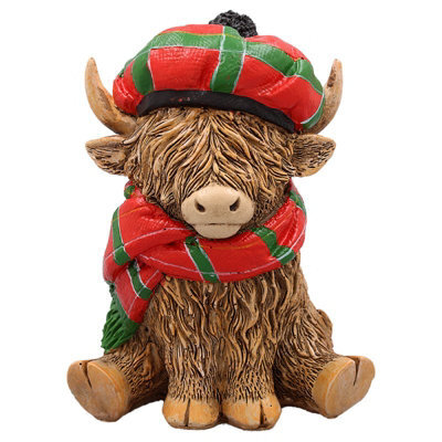 Highland Cow Figurine Christmas Decor Scarf Beret Hat Holiday Seasonal Ornament - image 1