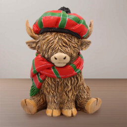 Highland Cow Figurine Christmas Decor Scarf Beret Hat Holiday Seasonal Ornament - thumbnail 2