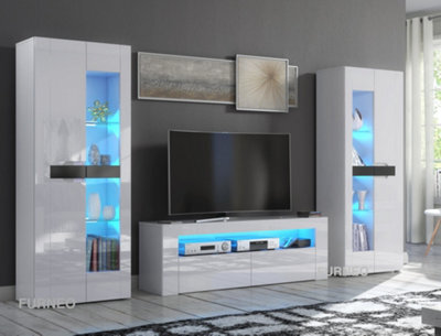Furneo High Gloss & Matt White Living Room Set Tv Stand Display Cabinets Milclif 13 Blue Led Lights - image 1