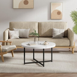 Vonhaus Mosley Marble Look Coffee Table For Living Room, Round Living Room Table White Grey Marble Design, Modern Centre Table - thumbnail 5