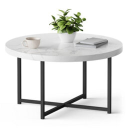 Vonhaus Mosley Marble Look Coffee Table For Living Room, Round Living Room Table White Grey Marble Design, Modern Centre Table