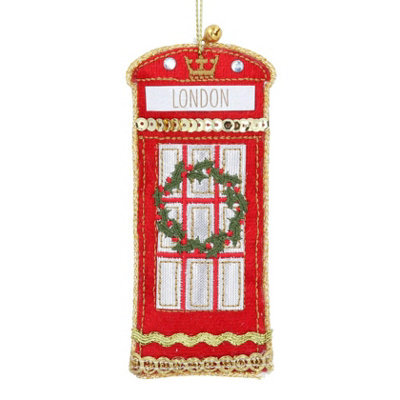 Gisela Graham Christmas Luxe Phone Box Hanging Tree Decoration, Gold Holly Fabric, 11 X 5.5 Cm
