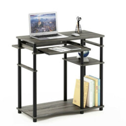 Walplus Furinno Abbott Computer Desk With Bookshelf, French Oak Grey/black