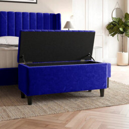 90Cm Lined Upholstered Ottoman Storage Box - Sapphire Blue Plush Velvet Blanket Storage Box With Wooden Legs - thumbnail 2