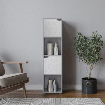 Urbn-Living Urbnliving 119Cm Height 4 Cubes Grey Wooden Bookcase Display Shelf Storage Cabinet With Modern Geo White Door - image 1
