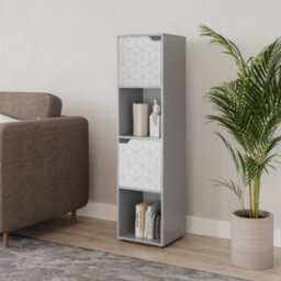 Urbn-Living Urbnliving 119Cm Height 4 Cubes Grey Wooden Bookcase Display Shelf Storage Cabinet With Modern Geo White Door - thumbnail 2