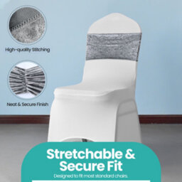 Neel Blue Pack Of 10 Velvet Chair Band Glitz Shiny Fabric Strechy Chair Band Sash, Silver - thumbnail 4
