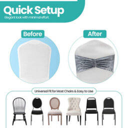 Neel Blue Pack Of 10 Velvet Chair Band Glitz Shiny Fabric Strechy Chair Band Sash, Silver - thumbnail 2