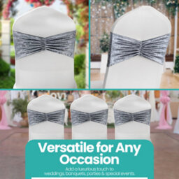 Neel Blue Pack Of 10 Velvet Chair Band Glitz Shiny Fabric Strechy Chair Band Sash, Silver - thumbnail 8