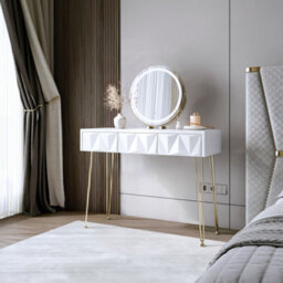 CARME Home Claudia Dressing Table White/gold+ Riley Gold Led Mirror - thumbnail 1